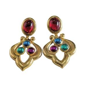 Vtg Gold Tone Gripoix Cabochon Drop Earrings purple green blue Red Colorful 80s